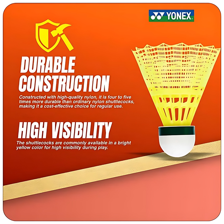 Yonex Mavis 350 Nylon Shuttlecock (Yellow, Pack of 6) – Slow Speed Green Cap Birdies with Natural Cork Base – Durable Training Shuttles with Feather-Like Flight