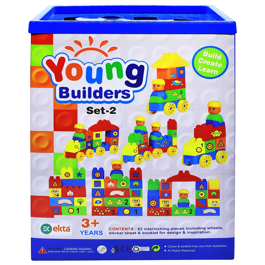 Ekta Young Builders Set 2 – 62 Large Interlocking Building Blocks – Educational STEM Toy for Toddlers – Includes Multi-Shape Blocks for Creative Model Building – Ages 3+ Years
