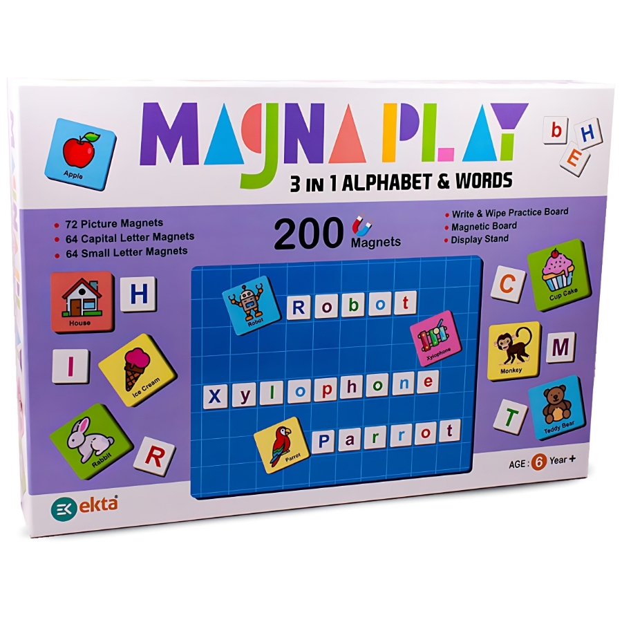 Ekta Magna Play 3-in-1 Alphabet & Words Learning Kit – 200 Magnetic Pieces with Double-Sided Board – Write & Wipe Educational Toy for Spelling & Vocabulary – Includes Display Stand – Ages 6+