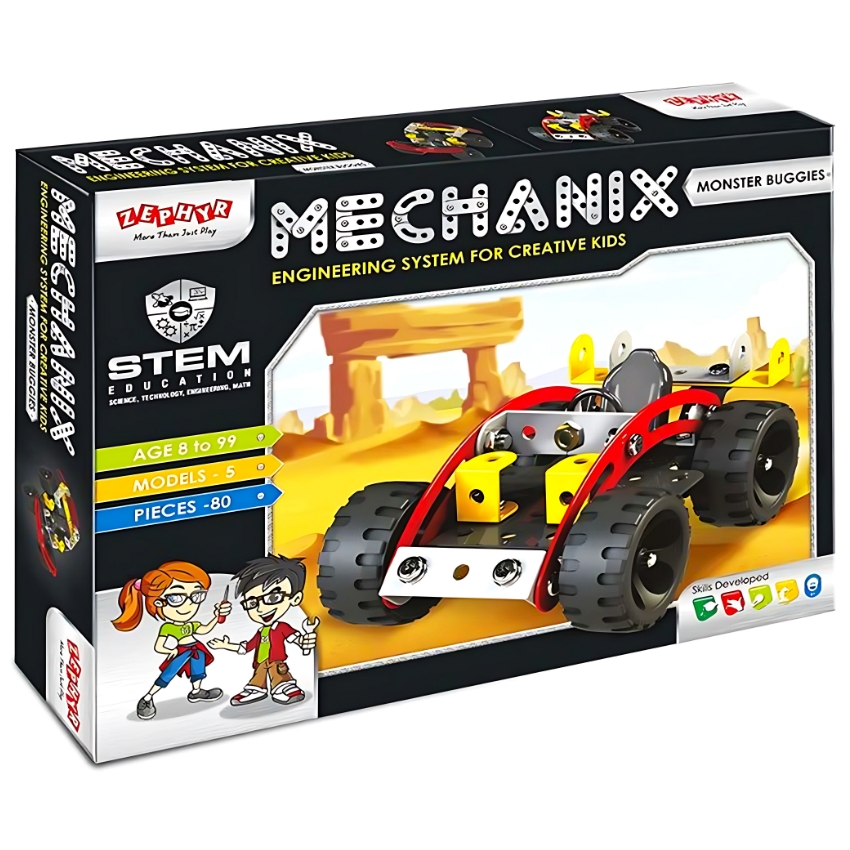 Zephyr Mechanix Monster Buggies DIY Kit – 80 Reusable Metal Parts – 5 Model Construction Set for Kids – Enhances Logical Thinking & Fine Motor Skills – Includes Real Tools