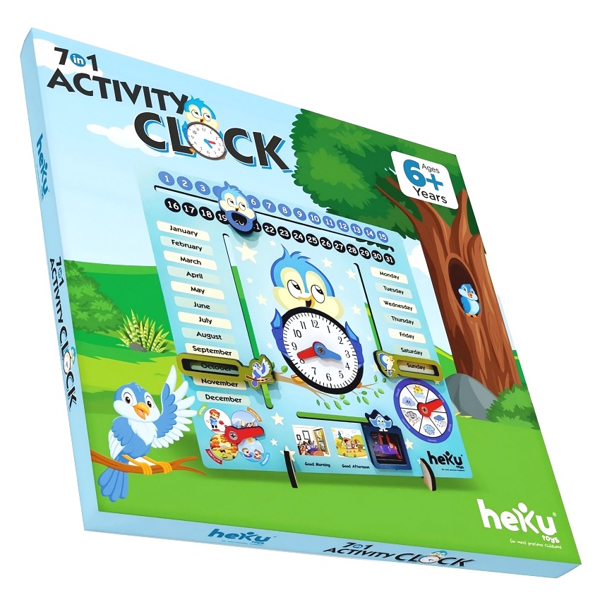 heKu 7-in-1 Wooden Educational Activity Clock – All-in-One Calendar Board for Kids – Learn Time, Days, Months, Seasons & Weather – Montessori STEM Toy – Ages 6+ Years