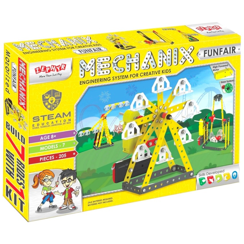 Zephyr Mechanix Funfair Series DIY Kit – 205 Reusable Metal Parts – 7 Model Motorized Construction Set for Kids – Educational Ferris Wheel & Ride Toy – Includes Real Tools & Motor