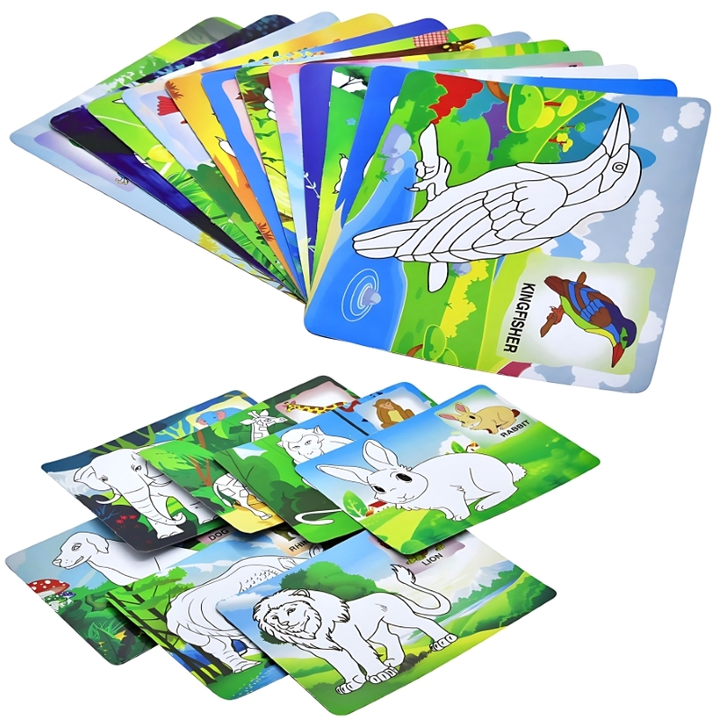 Ekta Colour & Wipe Animals And Birds – 24 Reusable Cards with Crayons & Duster – Educational Preschool Learning Kit – Non-Toxic Mess-Free Sensory Toy – Picture-Word Recognition Game for Kids Ages 3+