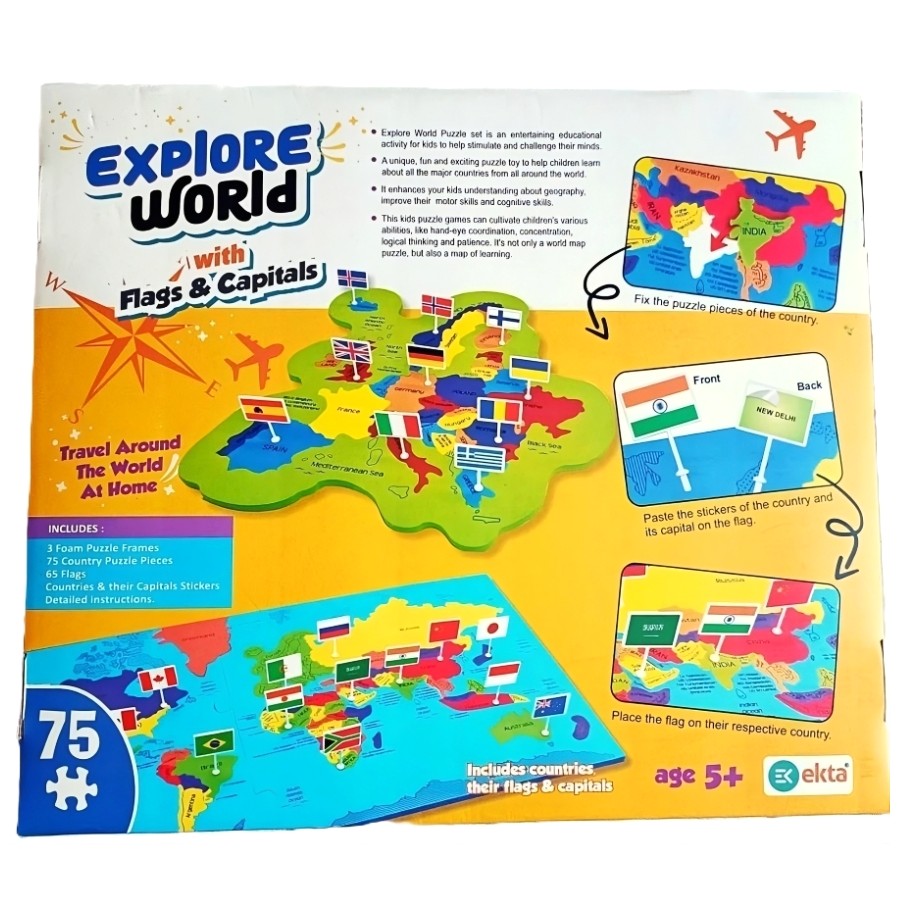 Ekta Explore the World Map Puzzle - 3-in-1 Educational Activity Set (Puzzle, Flags & Capitals) - Improves Global Awareness & Fine Motor Skills - Durable Foam Pieces with Separate Europe Map - Perfect School Project Tool