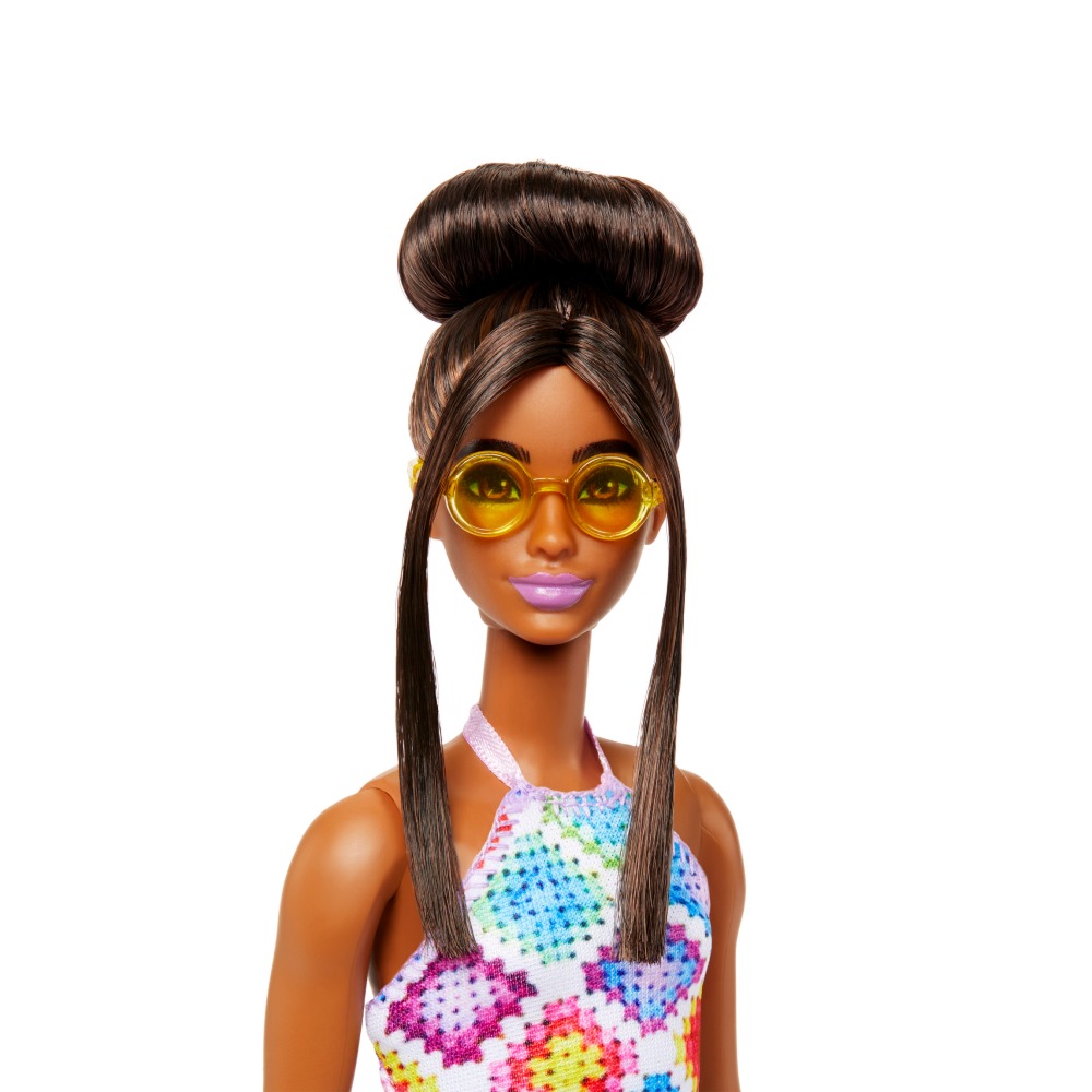 Barbie Fashionistas #210 Doll - Straight Hair in Top-Knot Bun wearing Multi-Color Crochet Dress - 12-Inch Stylish Barbie Toy