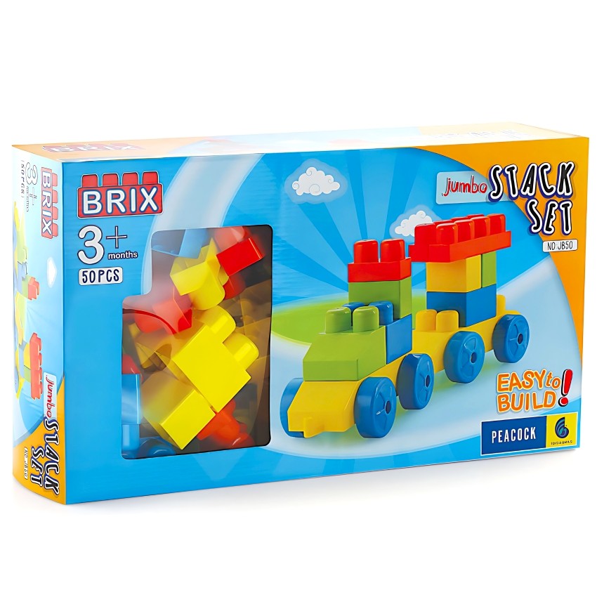 Peacock Jumbo Brix 50 – 50 Piece Extra Large Building Blocks – Corrugated Texture Sensory Construction Toy – STEM Educational Blocks for Toddlers – Ages 3+ Months