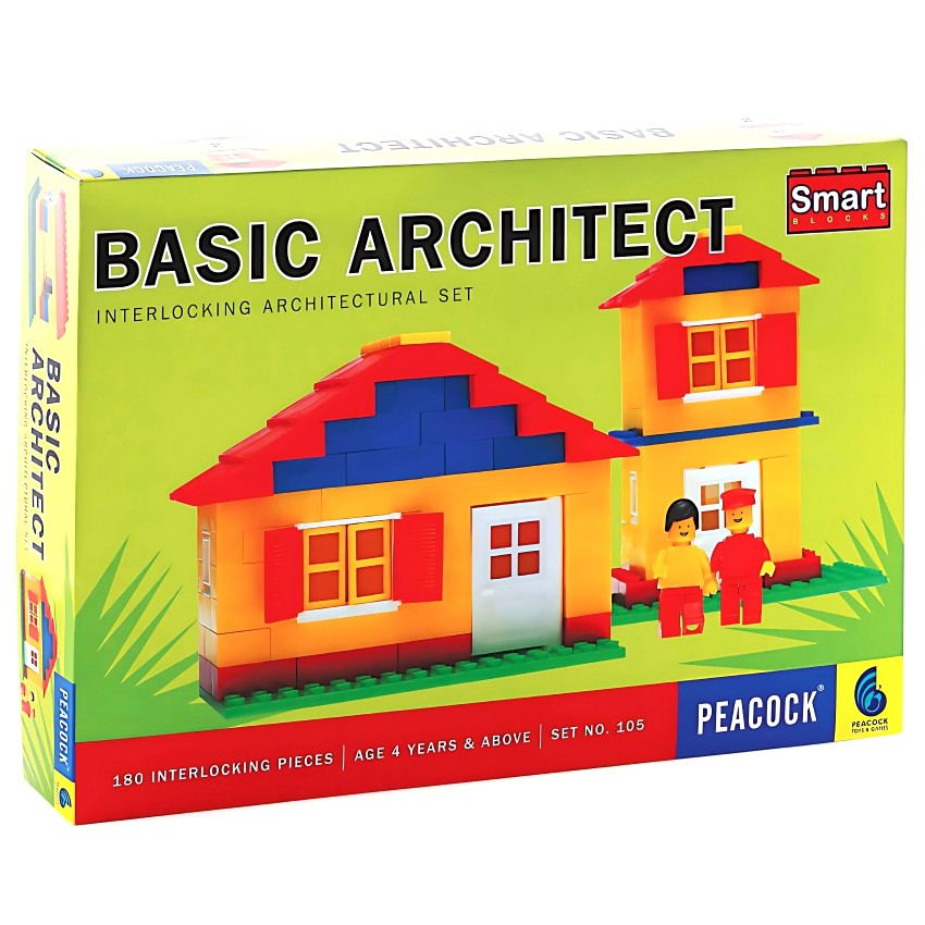 Peacock Smart Blocks Basic Architect – 180 Piece Interlocking Building Set – 3D House & Building Construction Toy – STEM Educational Kit for Kids – Ages 4+ Years