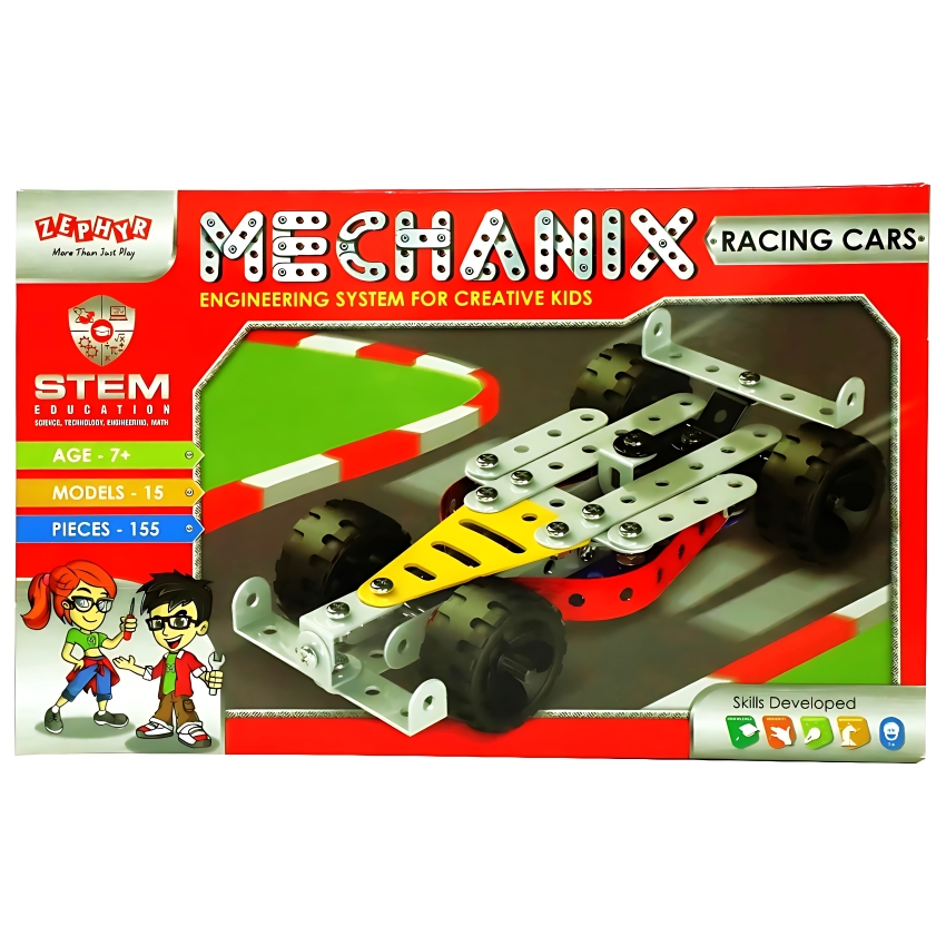 Zephyr Mechanix Racing Cars STEM Building Set – 155 Pieces – 15-in-1 DIY Metal Construction Toy for Kids Ages 7+ – Engineering & Skill Development Kit – Builds 15 Race Car Models