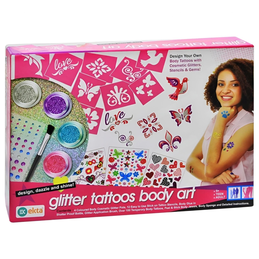 Ekta Glitter Tattoo Body Art Kit for Kids – Create 100+ Professional Temporary Tattoos – Skin-Safe DIY Fashion Craft Set with Sparkling Glitter & Stencils – Ideal Party Activity for Girls Ages 6+