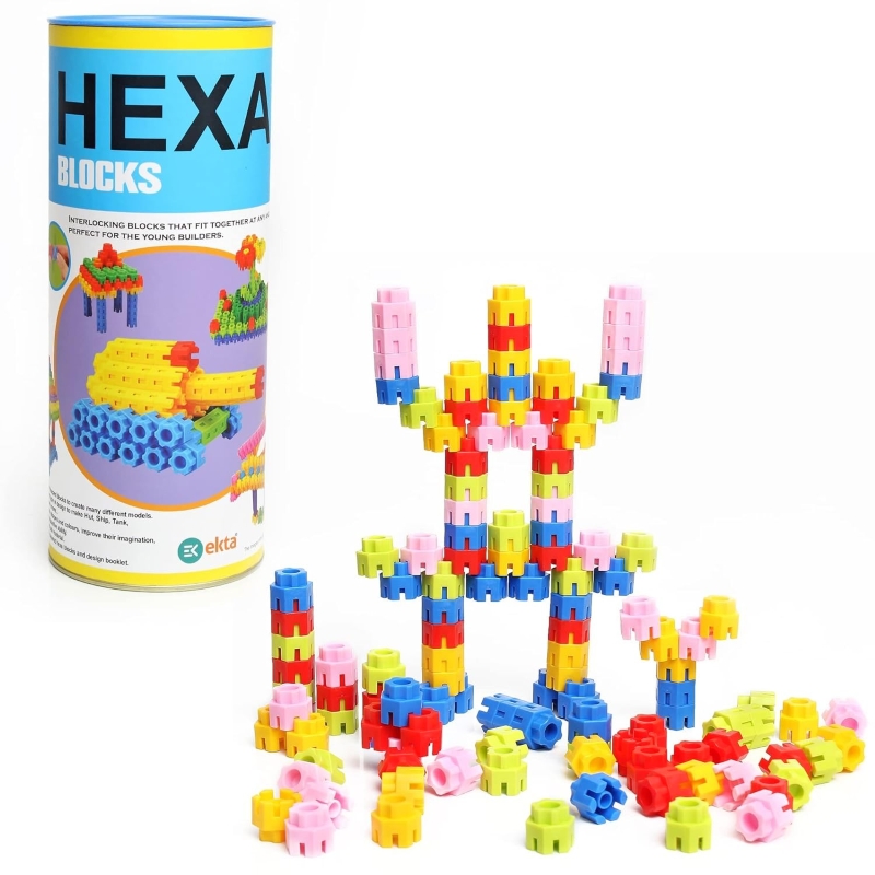Ekta Hexa Blocks Set – 120 Piece Interlocking Blocks in Canister – Creative 3D DIY Building Kit – Durable Educational STEM Blocks for Kids – Perfect Travel Toy Ages 3+