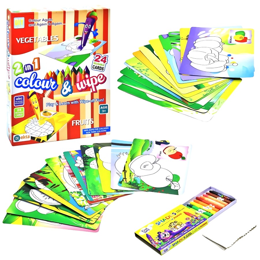 Ekta 2-in-1 Colour & Wipe Fruits & Vegetables – 24 Reusable Cards with 12 Crayons & Duster – Educational Preschool Picture-Word Recognition Game – Mess-Free Sensory Toy for Kids Ages 3+