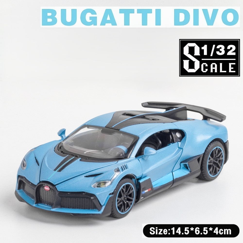 Bugatti Divo Die-Cast Car Model (1:32 Scale) – Premium Blue Miniature Supercar – Pull Back Toy Car with Sound & Light – Realistic Scale Model – Durable Zinc Alloy Vehicle for Boys & Car Enthusiasts Ages 3+