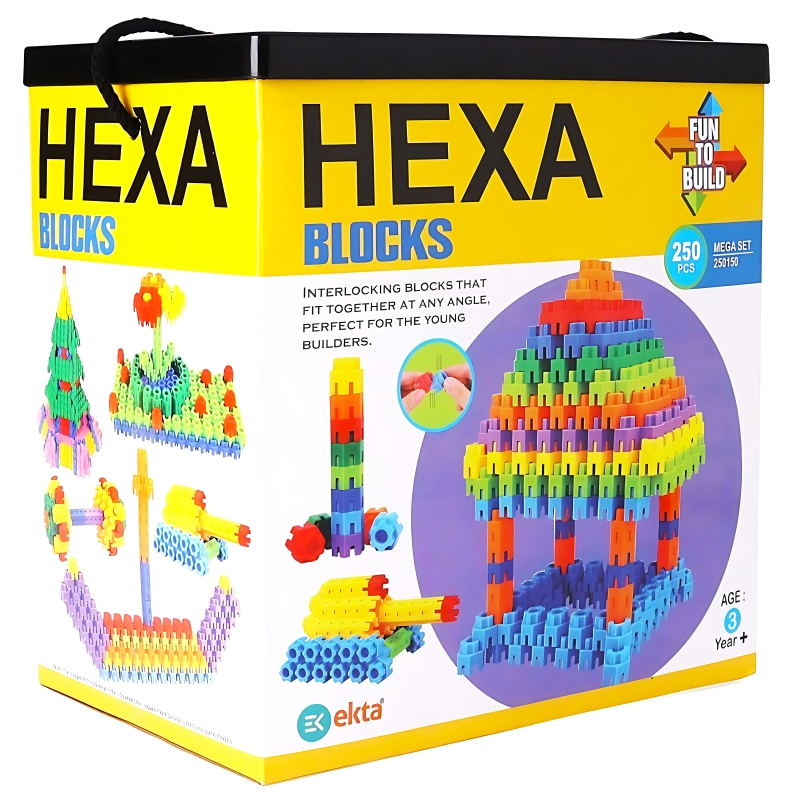 Ekta Hexa Blocks Mega Set – 250 Piece Interlocking Building Blocks – Creative STEM Construction Toy – Large 3D Hexagonal Connector Set for Kids – Ages 3+ Years