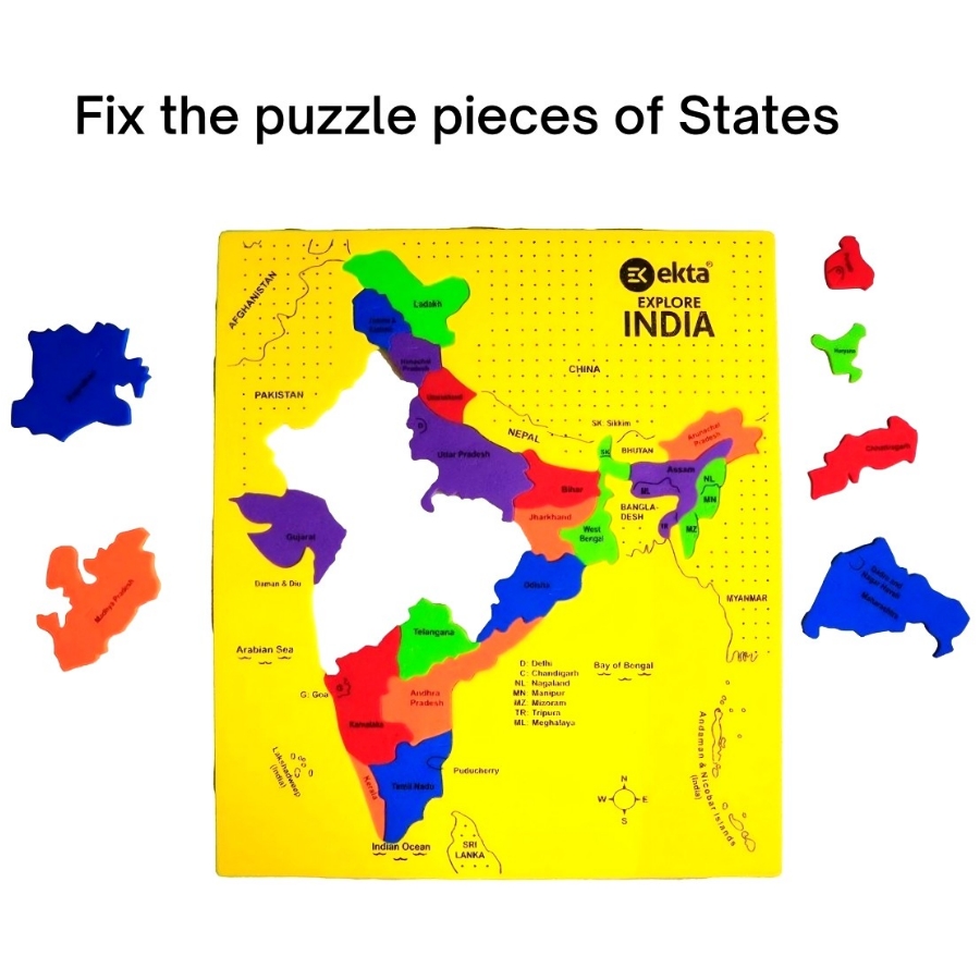 Ekta Explore India Map Foam Puzzle for Kids – 24 Piece State-Shaped Jigsaw with 35 Flags & Capital Stickers – Educational STEM Geography Game – Ages 3 to 10 Years