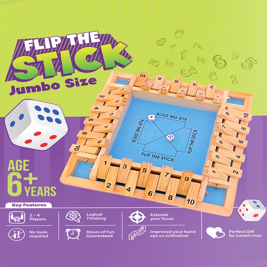 heKu 4-Player Flip the Stick Wooden Board Game – Jumbo Size Shut the Box Dice Game – Multiplayer Math & Strategy Toy for Families – Premium Handcrafted Wood – Ages 6+ Years