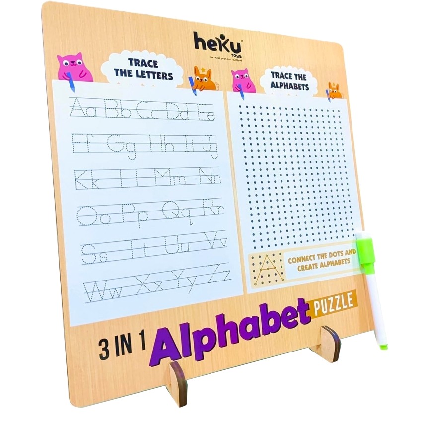 heKu 3-in-1 Wooden Alphabet Puzzle – Montessori Educational Learning Toy for Toddlers – Letter Recognition, Spelling & Word Building Set – Safe & Non-Toxic – Ages 6+ Years