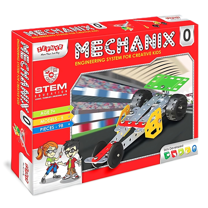 Zephyr Mechanix 0 STEM Building Set – 98 Pieces – 5-in-1 Metal Construction Toy for Kids Ages 7+ – Introductory Engineering Kit – Builds 5 Models including Car & Helicopter
