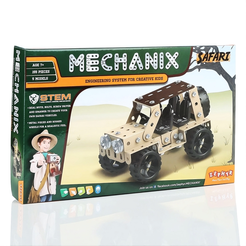 Zephyr Mechanix Safari Car STEM Building Set – 155 Pieces – DIY Metal Construction Toy for Kids Ages 7+ – Engineering & Skill Development Kit – Durable 4x4 Model