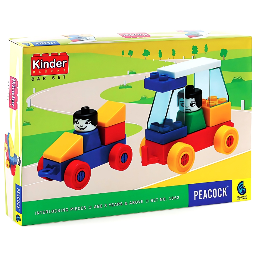 Peacock Kinder Blocks Car Set – Interlocking Vehicle Building Toy for Toddlers – STEM Educational Construction Set for Preschoolers – Ages 3+ Years