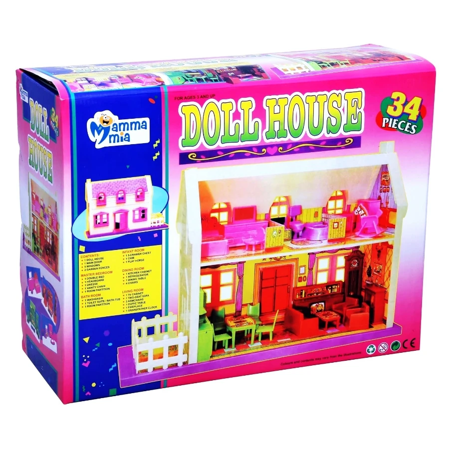 Mamma Mia Pink Doll House Playset – 34 Pcs DIY Miniature Castle Mansion with Furniture & Doll Accessories | Pretend Play Toy for Kids & Girls Ages 3+ Years