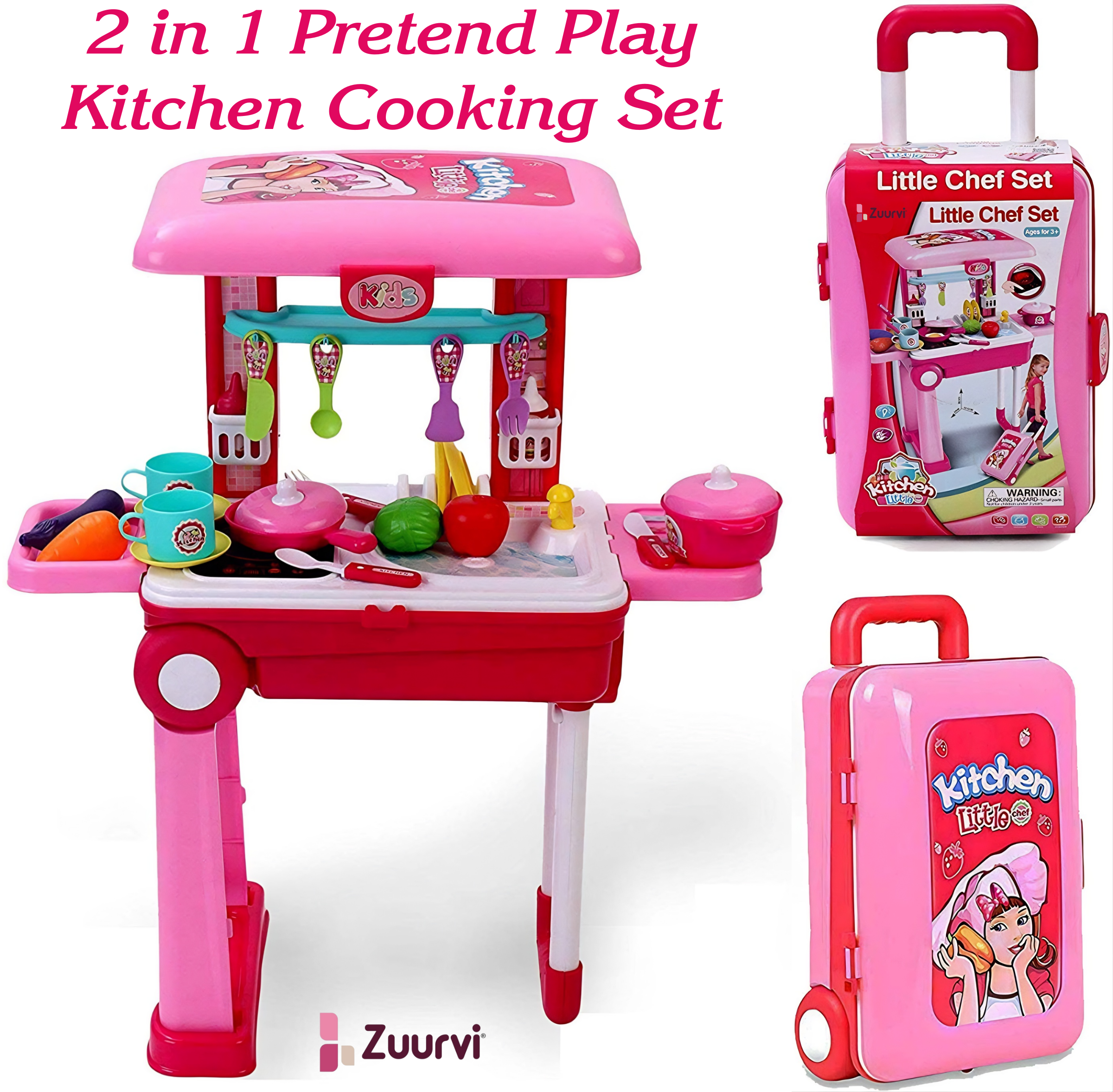 Zuurvi® 2-in-1 Little Chef Kitchen Playset – Portable Suitcase & Rolling Trolley for Kids with Light & Sound – Interactive Pretend Play Cooking Set with 25+ Accessories – Pink