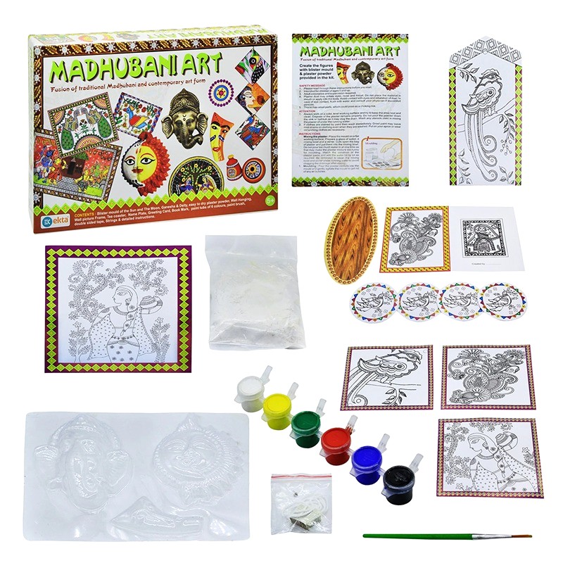 Ekta Madhubani Art DIY Kit for Kids – Traditional Indian Folk Art Painting Set – Create 3D Ganesha, Sun & Moon Figures – Includes Wall Hanging, Coasters & Picture Frame – Cultural Craft Gift for Ages 5+