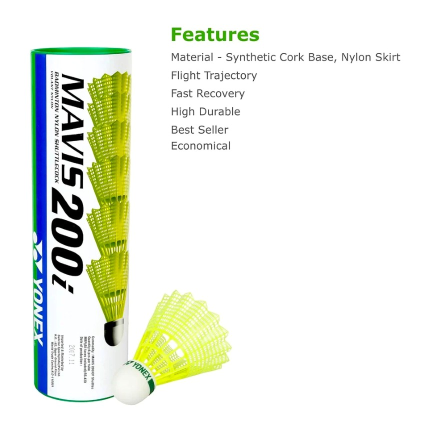 Yonex Mavis 200i Badminton Shuttlecock – Long-Lasting Nylon Practice Birdies for Beginners & Intermediate Players – Stable Flight Performance – Pack of 6 (Yellow)