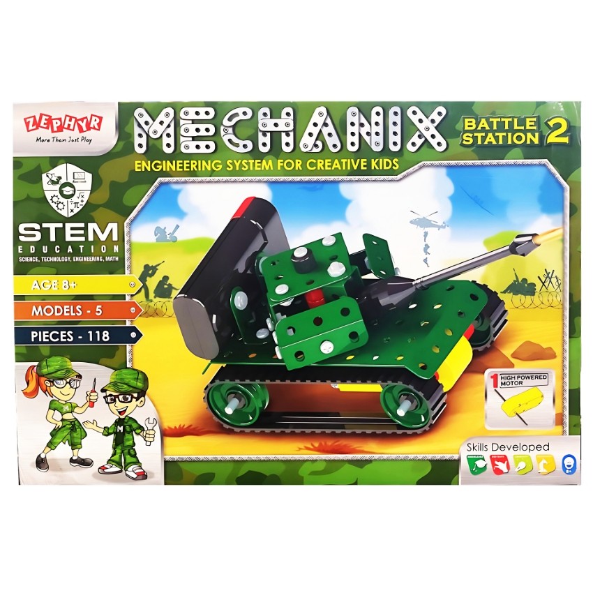 Zephyr Mechanix Battle Station 2 – 118 Piece 5-in-1 DIY Building Set – Metal Construction Toy for Kids – 5 Model Tactical & Defense Kit – Creative Engineering Gift