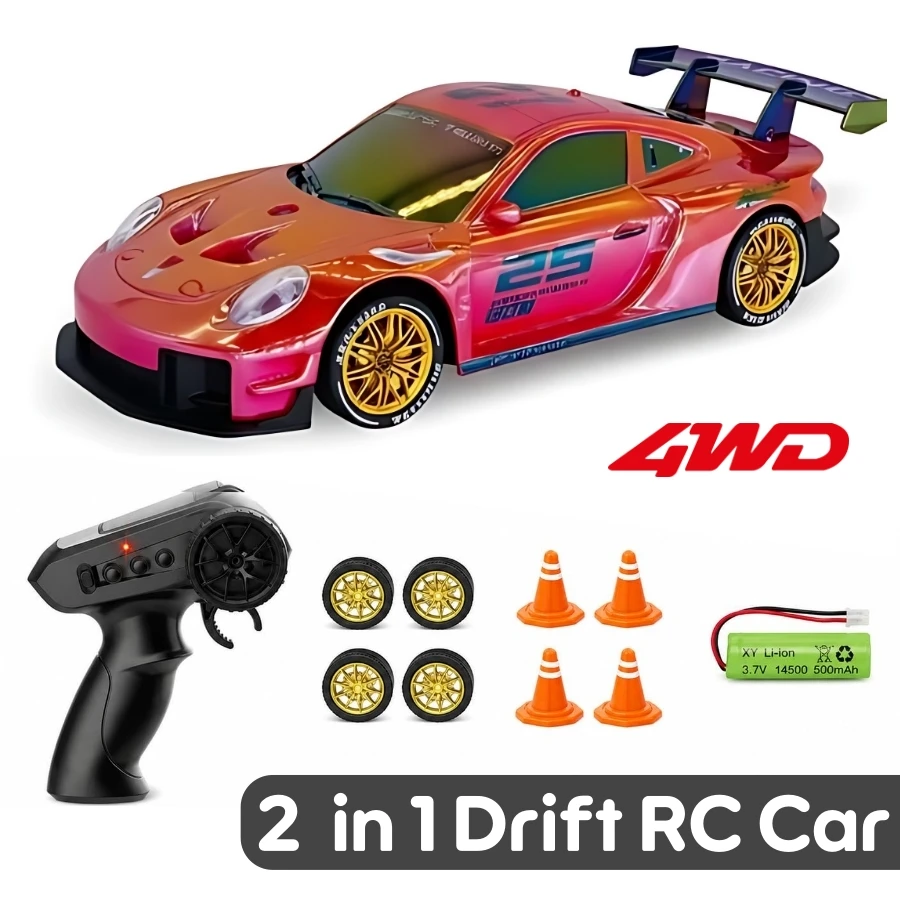 BigFun Toys 2-in-1 RC Drift Racing Car – 1:24 Scale 4WD High Speed 2.4GHz Remote Control Car with LED Lights, Extra Drift Tyres & Traffic Cones | Pack of 1, Assorted Colors
