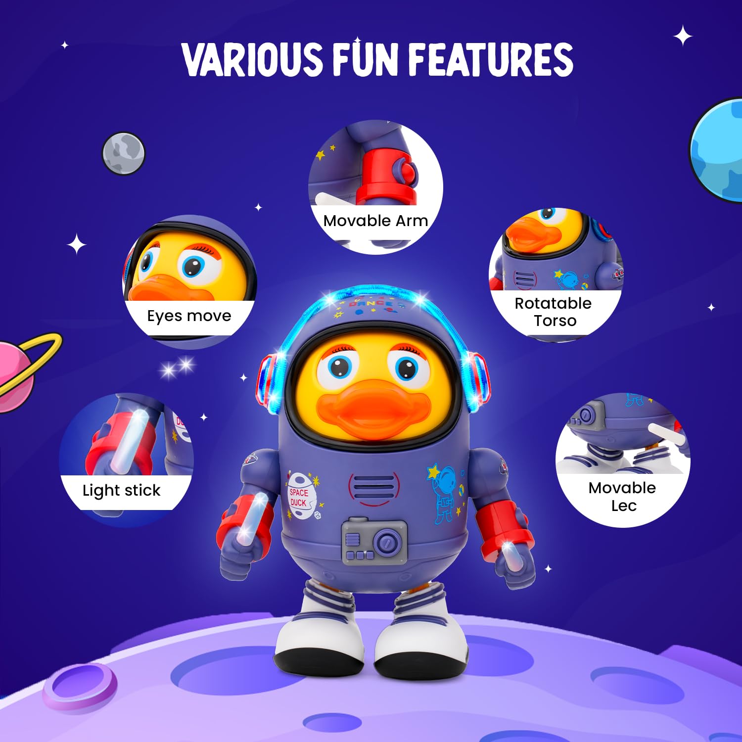 Gooyo Dancing Space Duck Toy for Toddlers – Musical Robot Duck with 3D Flashing Lights & Singing – Interactive Early Learning Toy for Babies & Kids – Ages 1-5, Blue & Yellow