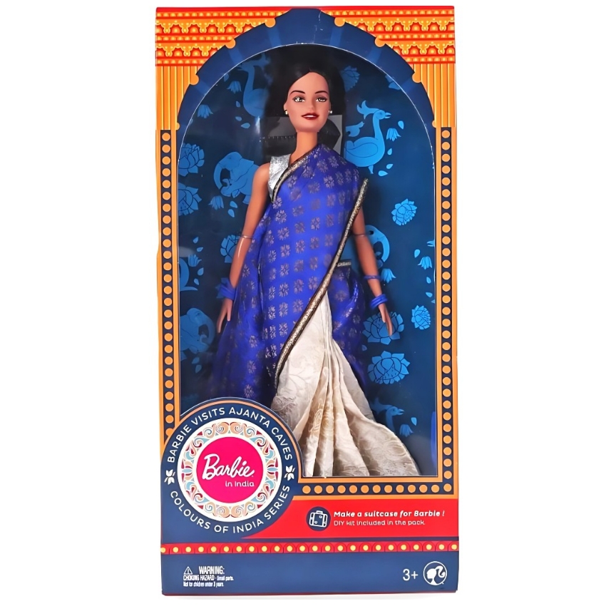 Barbie Visits Ajanta Caves (India) – Ethnic Indian Barbie 30cm Doll with Beautiful Blue & Gold Saree – Travel Series Storytelling Toy – Perfect Cultural Gift for Kids and Collectors – Ages 3+