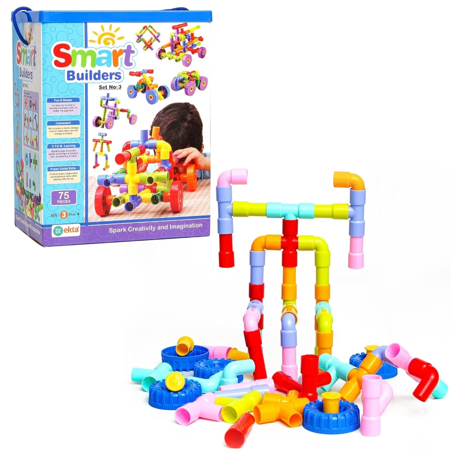 Ekta Smart Builders Set-3 – 75 Piece Pipe-Type Building Blocks – Educational STEM Construction Toy – Interlocking Tubular Blocks for Creative Engineering – Ages 3+ Years