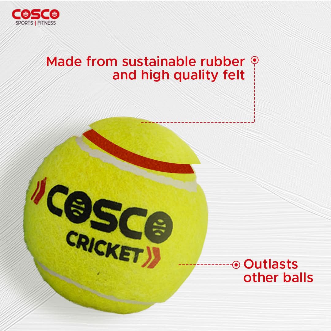 Cosco Cricket Tennis Light Weight Balls – Pack of 6 – Innovative Pressure-less Technology for Long Lasting Play – High Bounce 75g Alloy Metal Core – Durable Felt Surface – Fluorescent Yellow/Green