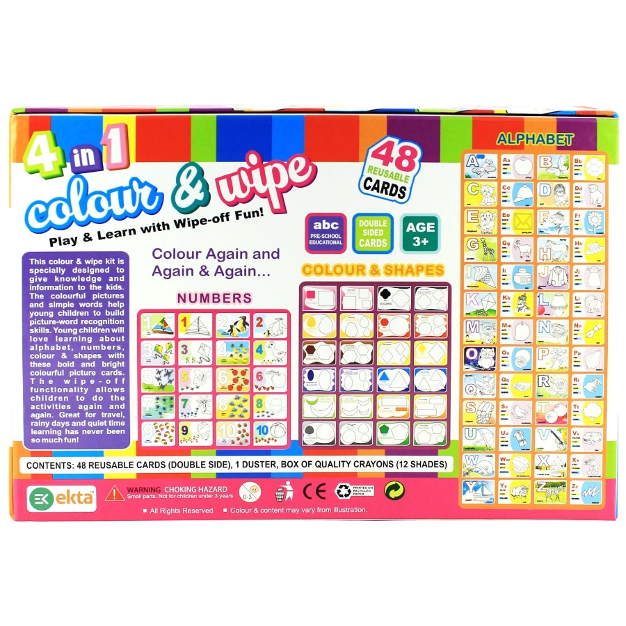 Ekta 4 in 1 Colour & Wipe Kit – 48 Reusable Double-Sided Cards for Kids – Educational Learning Set for Alphabets, Numbers, Shapes & Colours – Includes Crayons & Duster – Ages 3 to 6 Years