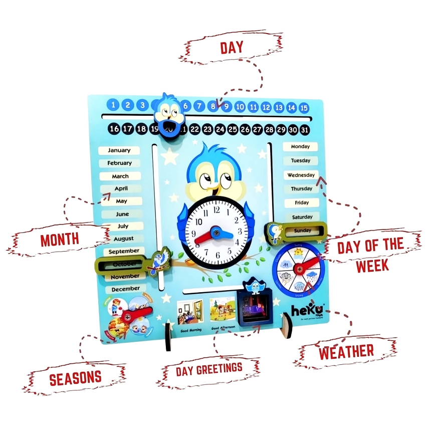 heKu 7-in-1 Wooden Educational Activity Clock – All-in-One Calendar Board for Kids – Learn Time, Days, Months, Seasons & Weather – Montessori STEM Toy – Ages 6+ Years