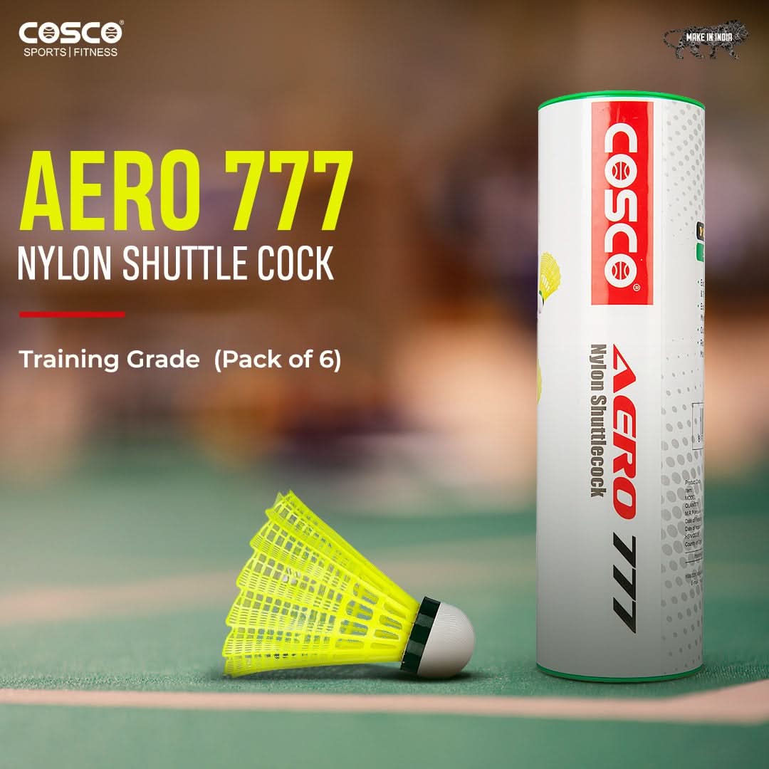 Cosco Aero 777 Nylon Shuttlecock (Pack of 6) – Training Grade Shuttle with Natural Cork Base – High Aerodynamic Stability & Flight Predictability – Durable Yellow Synthetic Shuttles
