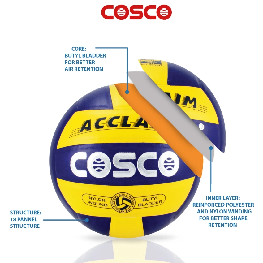 Cosco Acclaim Volleyball – VFI Approved Professional Match Ball – PU Leather Pasted 18-Panel Design – Floating Bladder Technology for Soft Touch – Official Size 4 Tournament Ball