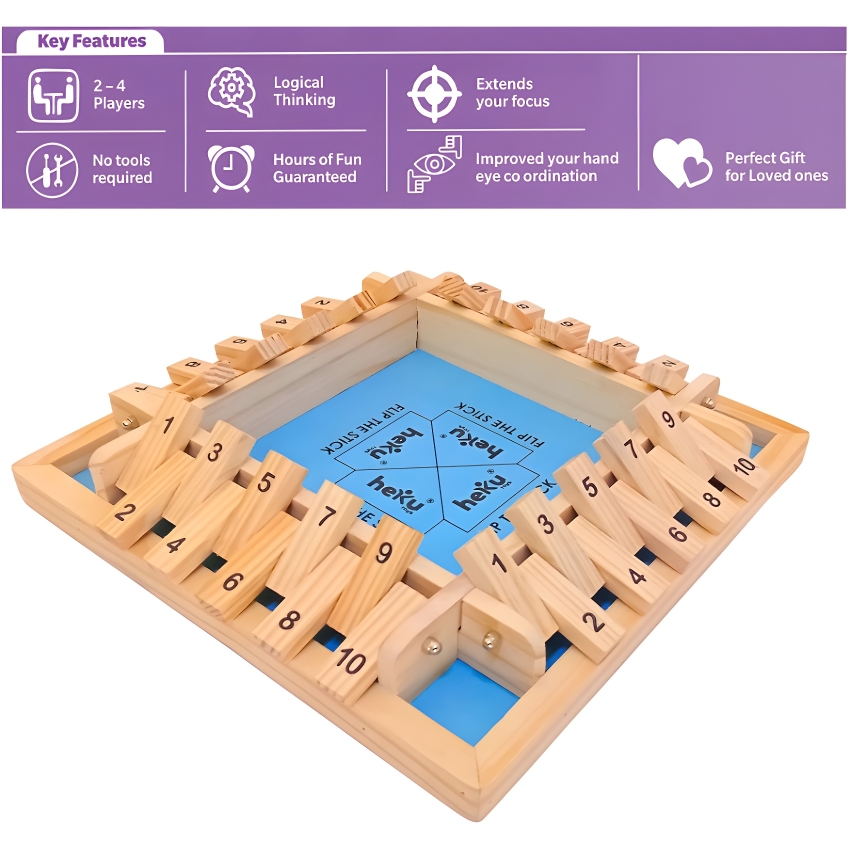 heKu 4-Player Flip the Stick Wooden Board Game – Jumbo Size Shut the Box Dice Game – Multiplayer Math & Strategy Toy for Families – Premium Handcrafted Wood – Ages 6+ Years