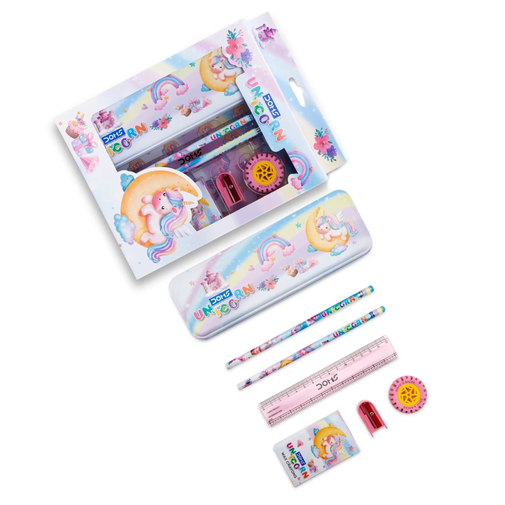 DOMS Unicorn Kit Set of 6 – Premium Stationery Set with Tin Compass Box, 12 Shades Wax Crayons, 2 Pencils, Eraser & Sharpener – All-in-One School Supply Kit – Multicolor