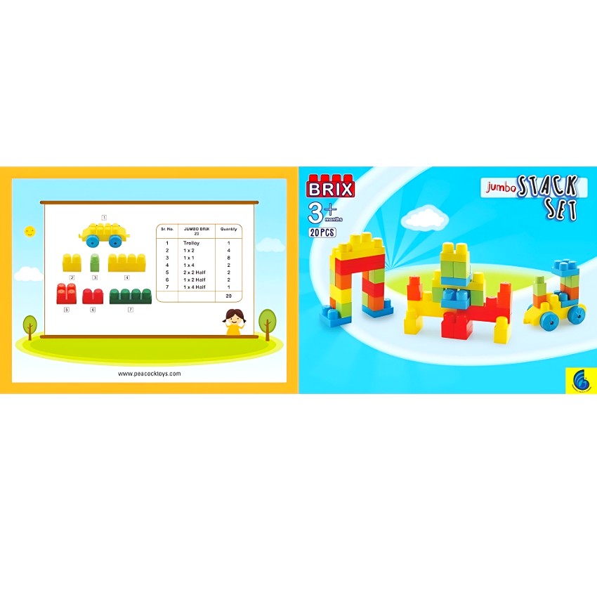 Peacock Jumbo Brix 20 Duplex Box – 20 Piece Extra Large Building Blocks – STEM Educational Construction Toy for Toddlers – Safe & Non-Toxic First Building Set – Ages 3+ Months