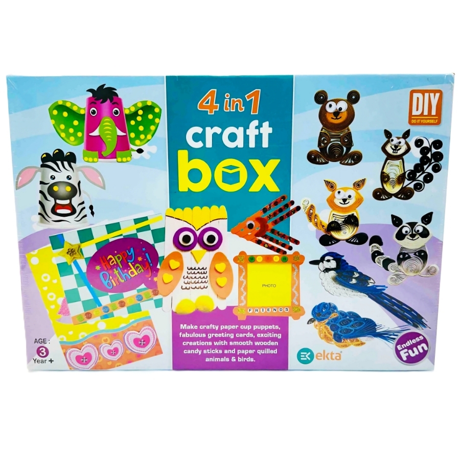 Ekta 4-in-1 DIY Craft Box for Kids – Multi-Activity Art Set Includes Paper Cup Puppets, Greeting Cards, Quilling & Wooden Stick Art – Educational Creative Kit for Boys & Girls Ages 5+