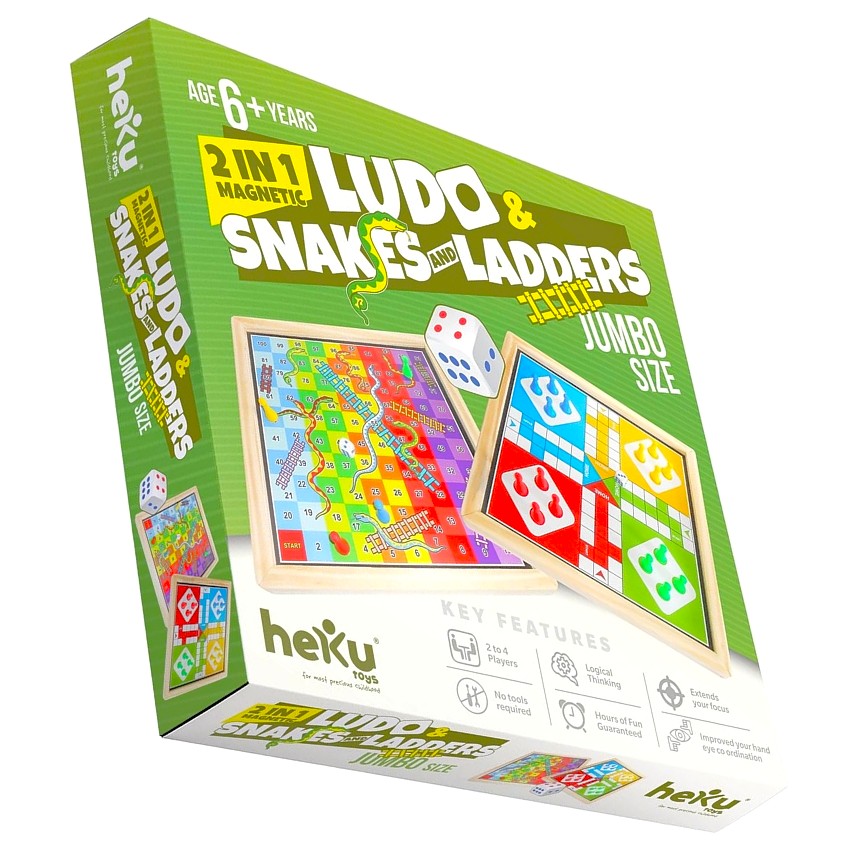 heKu 2-in-1 Magnetic Ludo & Snakes and Ladders Board Game – Handcrafted Wooden Travel Set – Double-Sided Magnetic Game Board with Coins & Dice – Ages 6+ Years