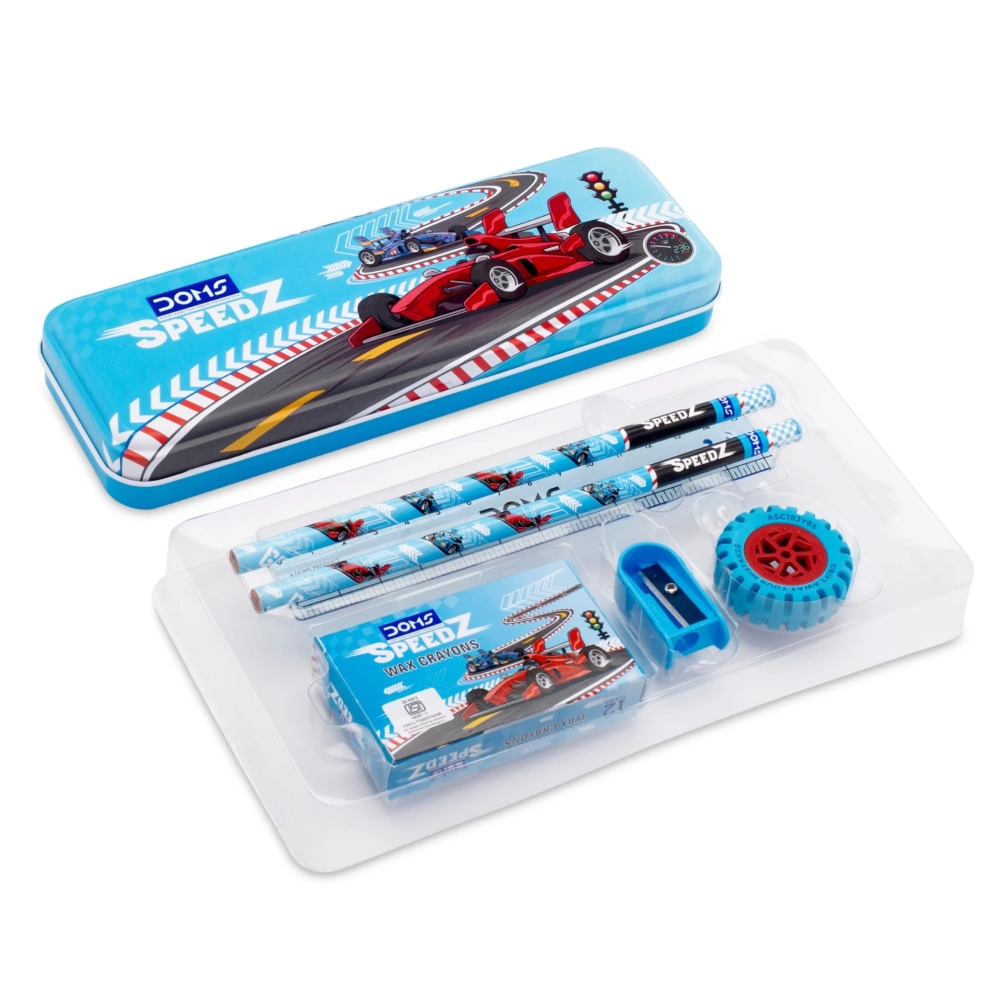 DOMS Speedz Kit Set of 6 – Premium Student Stationery Set with Metal Pencil Box, 12 Wax Crayons, 2 Pencils, Eraser, Scale & Sharpener – Perfect for School & Homework