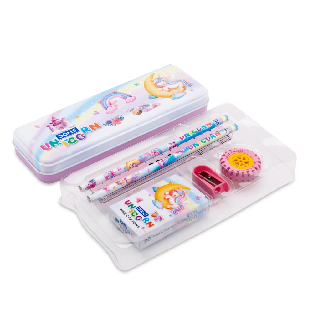 DOMS Unicorn Kit Set of 6 – Premium Stationery Set with Tin Compass Box, 12 Shades Wax Crayons, 2 Pencils, Eraser & Sharpener – All-in-One School Supply Kit – Multicolor