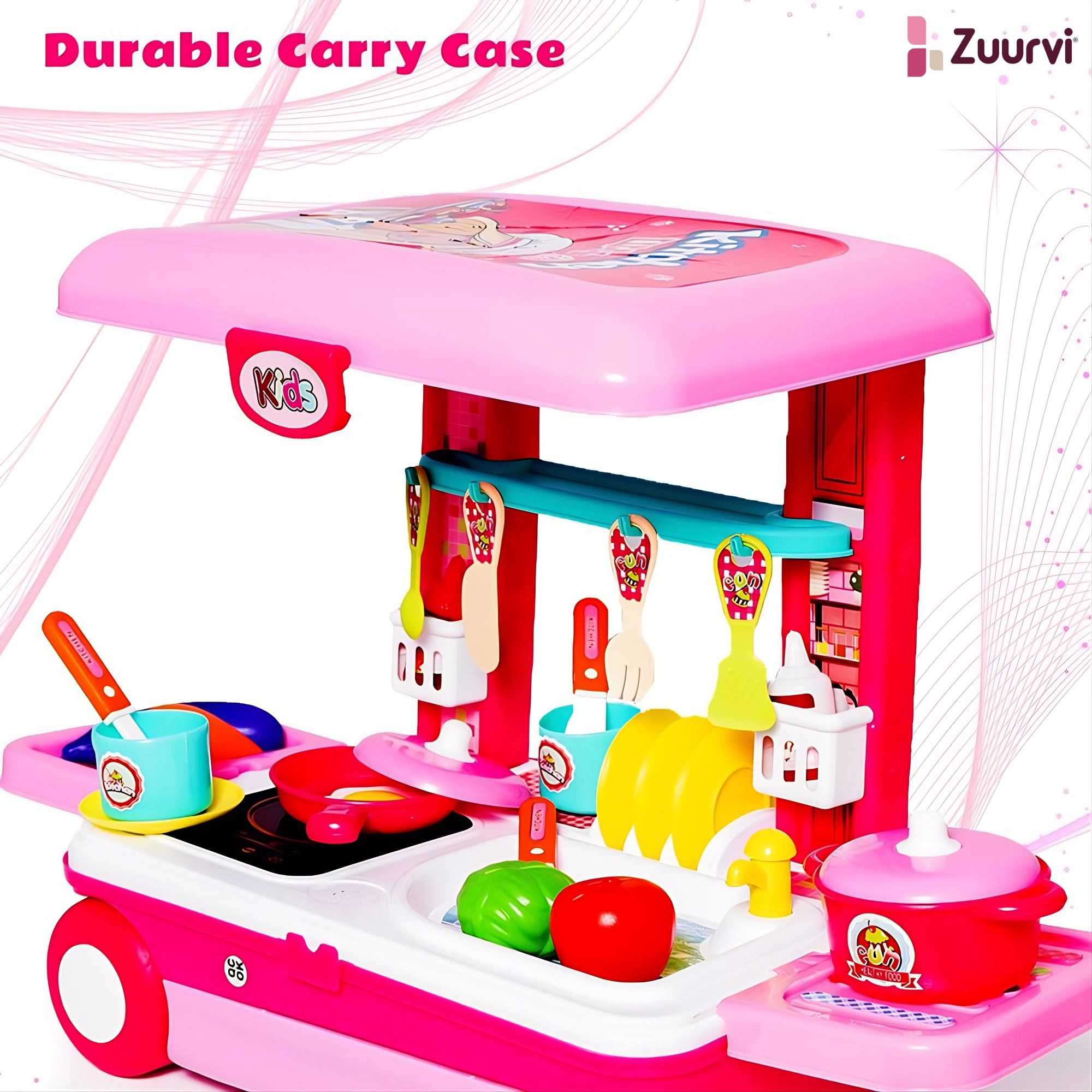 Zuurvi® 2-in-1 Little Chef Kitchen Playset – Portable Suitcase & Rolling Trolley for Kids with Light & Sound – Interactive Pretend Play Cooking Set with 25+ Accessories – Pink