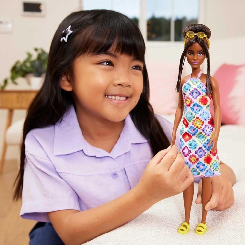 Barbie Fashionistas #210 Doll - Straight Hair in Top-Knot Bun wearing Multi-Color Crochet Dress - 12-Inch Stylish Barbie Toy