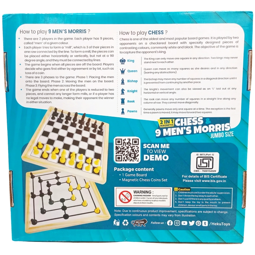 heKu 2-in-1 Magnetic Chess & 9 Men's Morris Jumbo Size – Large Wooden Reversible Strategy Board Game – Premium Handcrafted Set with Magnetic Pieces – Ages 6+ Years