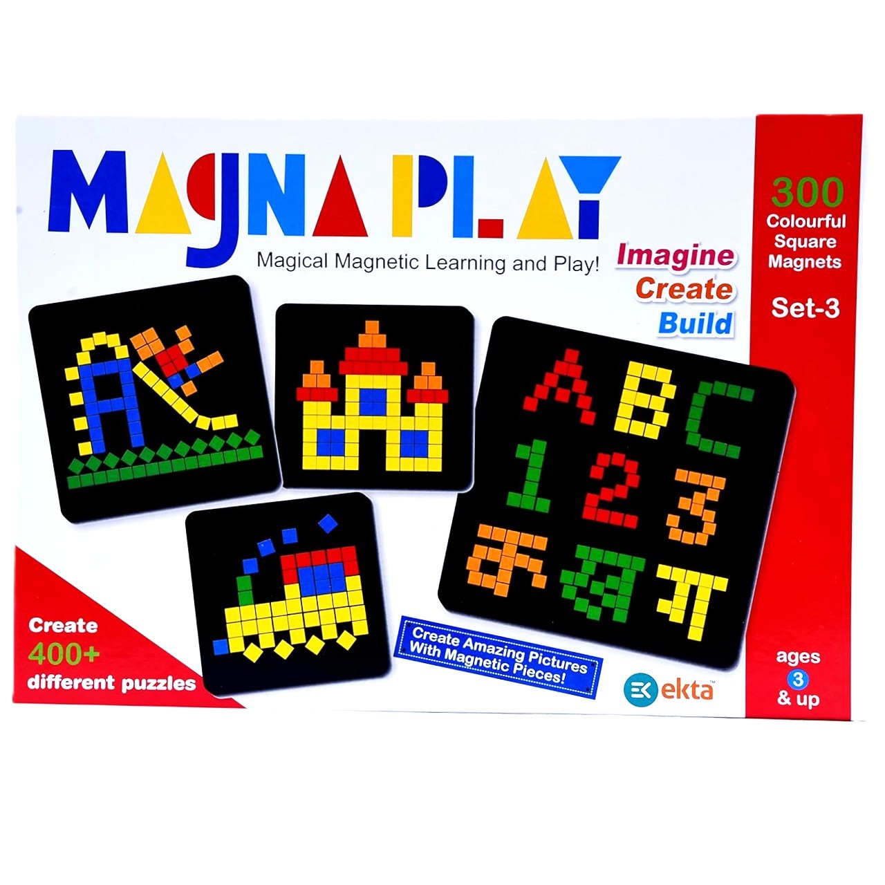 Ekta Magna Play Set 3 – Magical Magnetic Play & Learn Kit – 300+ Colorful Magnets with Double-Sided Metallic Board – Create 400+ Puzzles & Designs – Educational DIY Toy for Kids Ages 5+