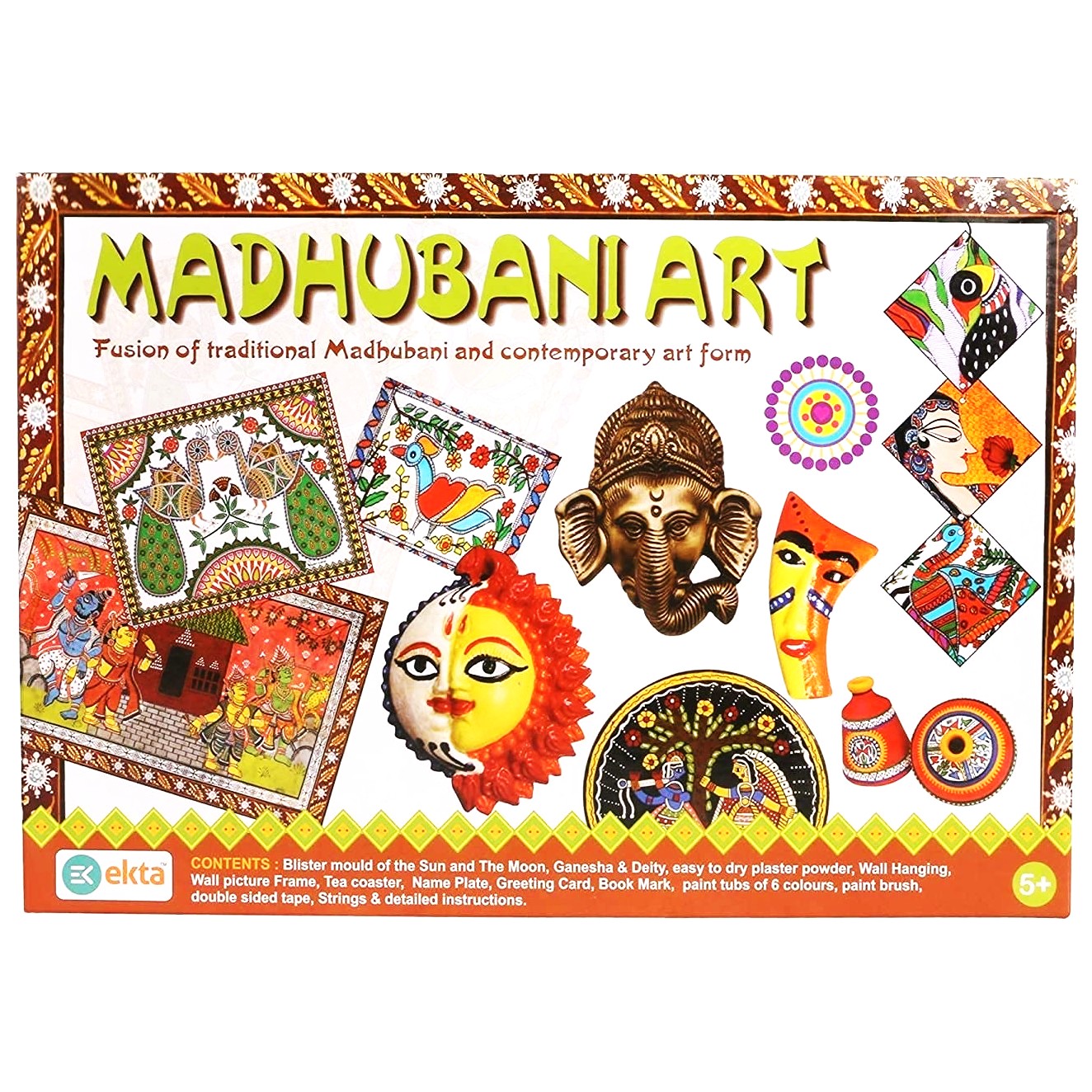Ekta Madhubani Art DIY Kit for Kids – Traditional Indian Folk Art Painting Set – Create 3D Ganesha, Sun & Moon Figures – Includes Wall Hanging, Coasters & Picture Frame – Cultural Craft Gift for Ages 5+