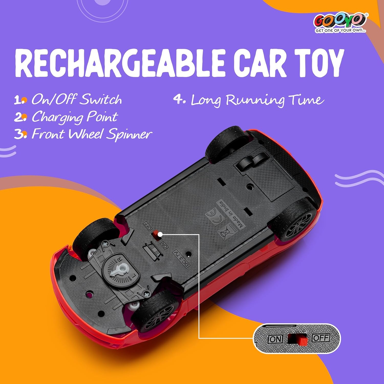 Gooyo GY-222CH Rechargeable Remote Control Car – High-Speed RC Racing Toy for Kids – Includes Lithium Battery & USB Charger (Assorted Color) - Pack of 1